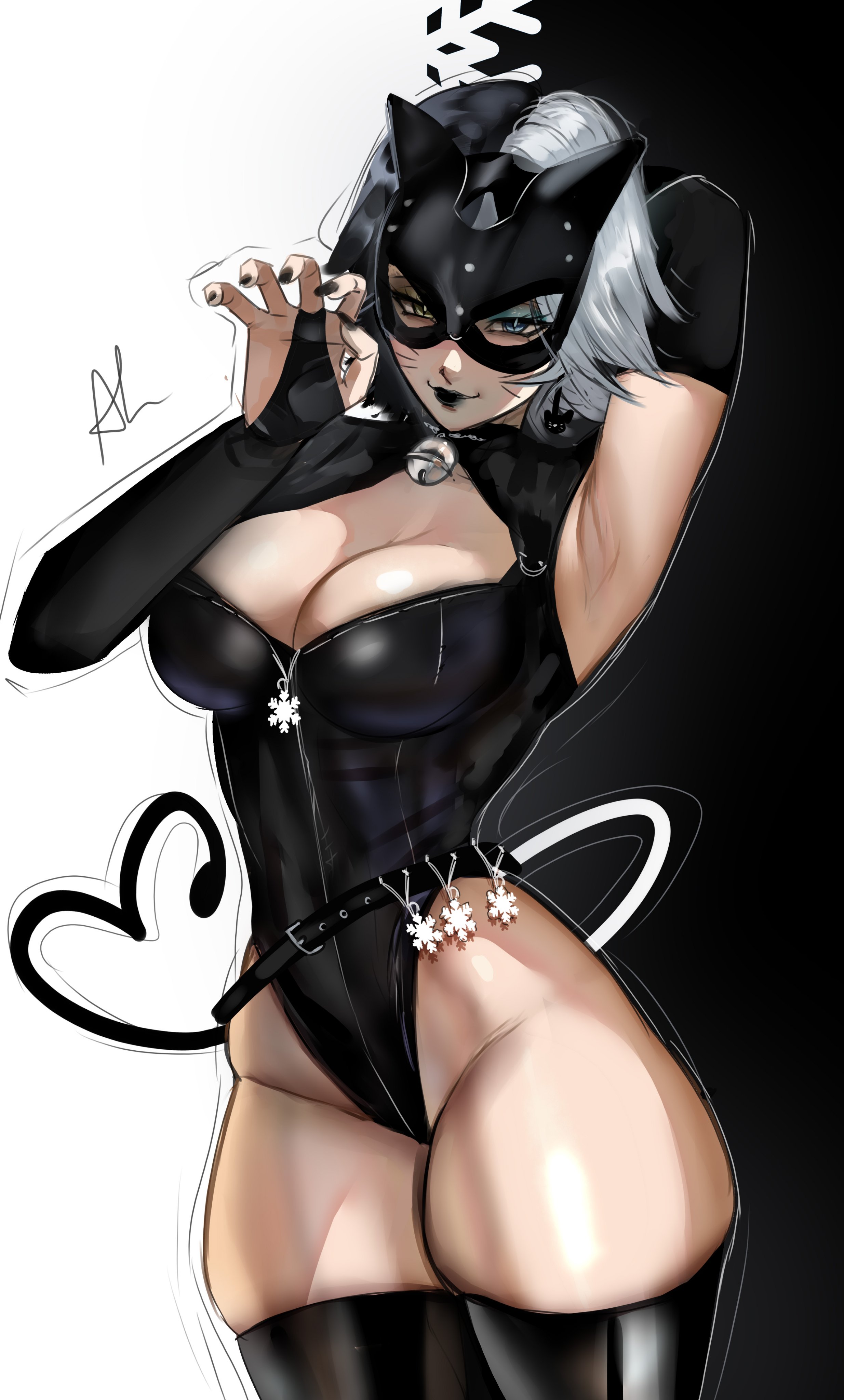 arialla draws, luna snow, marvel, marvel rivals, absurdres, highres, 1girl, animal ears, black hair, blue eyes, breasts, cat ears, heterochromia, large breasts, leotard, looking at viewer, mask, multicolored hair, short hair, smile, snowflake ornament, solo, split-color hair, two-tone hair, white hair
