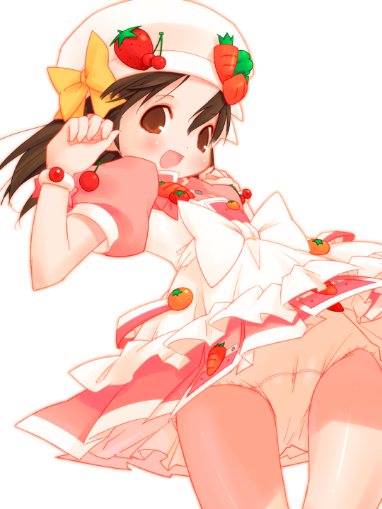0123456789, hiiragi mine, cooking idol ai! mai! main!, 1girl, blush, brown eyes, brown hair, cameltoe, carrot, cherry, cowboy shot, dress, female focus, food, fruit, hat, loli, panties, pantyshot, simple background, solo, strawberry, tomato, underwear, white background, white panties