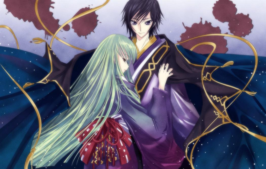 meimi k, c.c., lelouch vi britannia, code geass, 00s, 1boy, 1girl, blue eyes, couple, green hair, hetero, japanese clothes, kimono, long hair, looking back, very long hair
