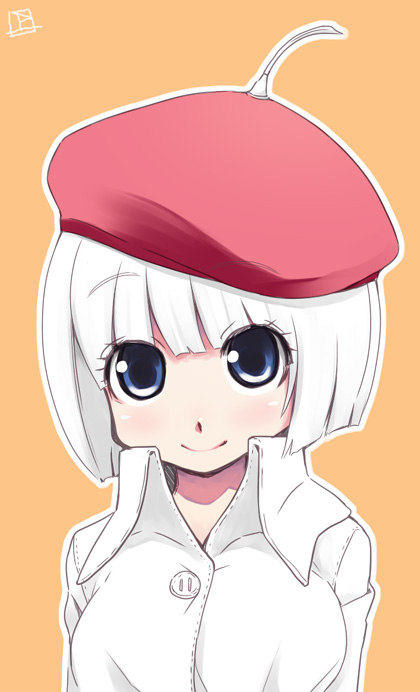 weshika, bad id, bad pixiv id, blue eyes, blush, hat, short hair, smile, solo, white hair