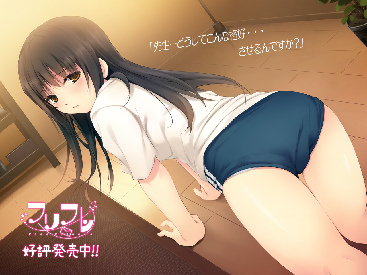 coffee-kizoku, kurahashi yui, free friends, translation request, 1girl, all fours, blush, brown eyes, brown hair, buruma, female focus, from behind, gym uniform, legs, long hair, looking back, mole, mole under eye, panties, panties under buruma, release date, solo, underwear