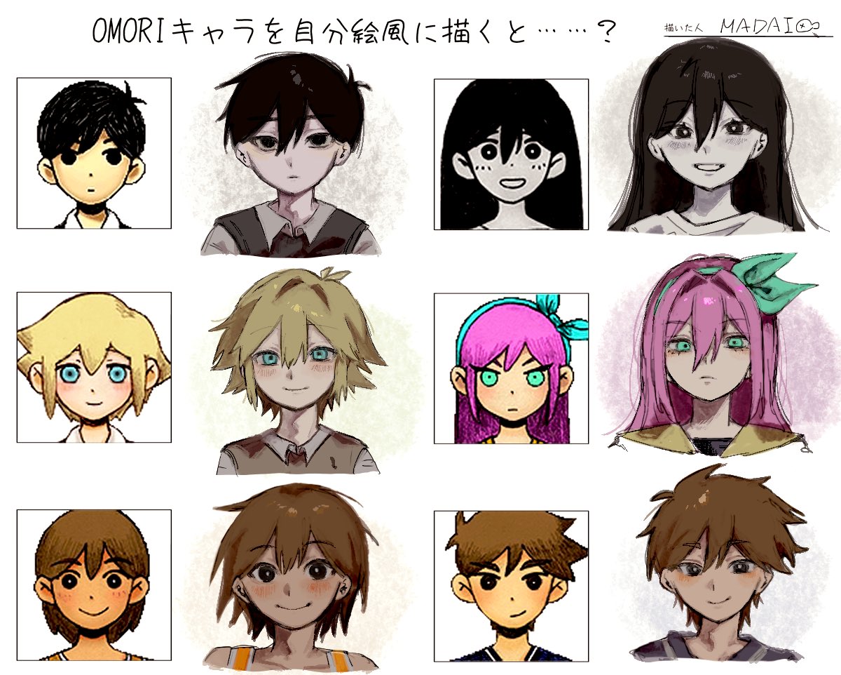 aubrey (faraway) (omori), aubrey (omori), basil (faraway) (omori), basil (omori), hero (faraway) (omori), hero (omori), kel (faraway) (omori), kel (omori), mari (faraway) (omori), mari (omori), mari (spirit) (omori), sunny (omori), omori, 2girls, 4boys, antenna hair, black eyes, black hair, black sweater vest, blonde hair, blue eyes, blue hairband, blush, brother and sister, brown hair, closed mouth, collarbone, collared shirt, colored skin, dark-skinned male, dark skin, double-parted bangs, dress, green sweater vest, hair between eyes, hairband, long hair, looking at viewer, madai (si 202), multiple boys, multiple girls, open mouth, pink hair, shirt, short hair, siblings, sidelocks, smile, sweater vest, white dress, white skin
