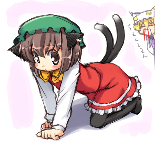 kanno, chen, yakumo ran, touhou, lowres, 2girls, animal ears, blood, cat ears, cat girl, cat tail, earrings, female focus, full body, hat, jewelry, multiple girls, nosebleed, pantyhose, tail, white background