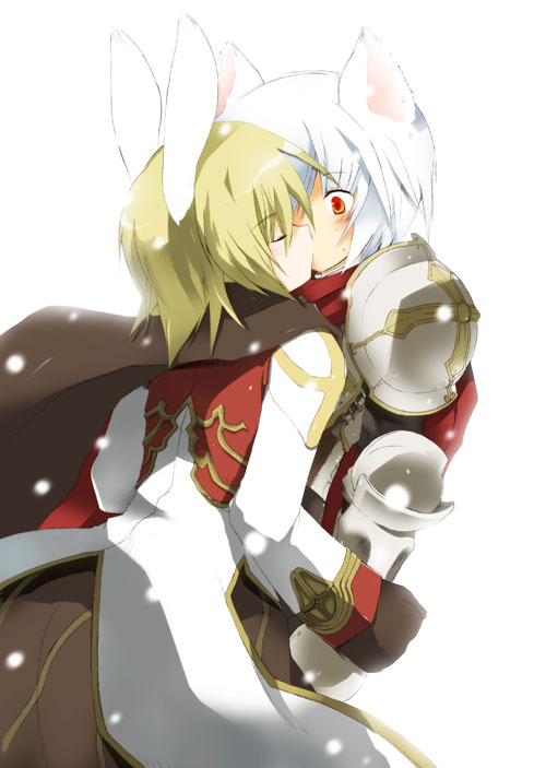 kamiyoshi rika, high priest (ragnarok online), lord knight (ragnarok online), ragnarok online, commentary request, 2boys, animal ears, armor, blonde hair, blush, brown gloves, brown scarf, cape, cat boy, cat ears, closed eyes, coat, cowboy shot, cross, gloves, kiss, long sleeves, looking at another, male focus, multicolored coat, multiple boys, pauldrons, rabbit boy, rabbit ears, red cape, red coat, red eyes, scarf, short hair, shoulder armor, simple background, two-tone coat, white background, white coat, white hair, yaoi