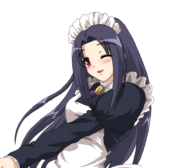 hayashiya zankurou, miura azusa, idolmaster, idolmaster (classic), 00s, 1girl, black hair, female focus, long hair, maid, oekaki, one eye closed, orange eyes, pixel art, simple background, solo, wink