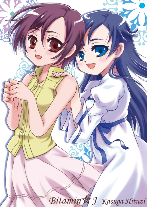 hitsuji gou, diva, diva (blood+), otonashi saya, blood+, 00s, 2girls, blue eyes, blue hair, brown eyes, brown hair, dress, long hair, multiple girls, pushing, short hair