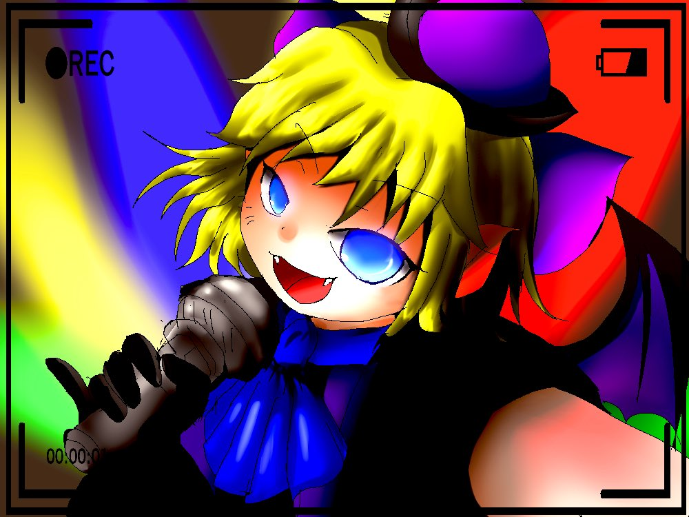 yami toubatuki, nina (shrift), mon-musu quest!, mon-musu quest: paradox, shrift, blue eyes, blue ribbon, demon girl, demon horns, demon wings, hat, horns, microphone, purple hat, ribbon, wings