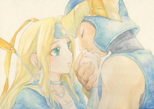 kobachi, amos, mireyu, dragon quest, dragon quest vi, bad id, bad pixiv id, blonde hair, circlet, dress, green eyes, helmet, holding hands, kiss, kissing hand, sketch