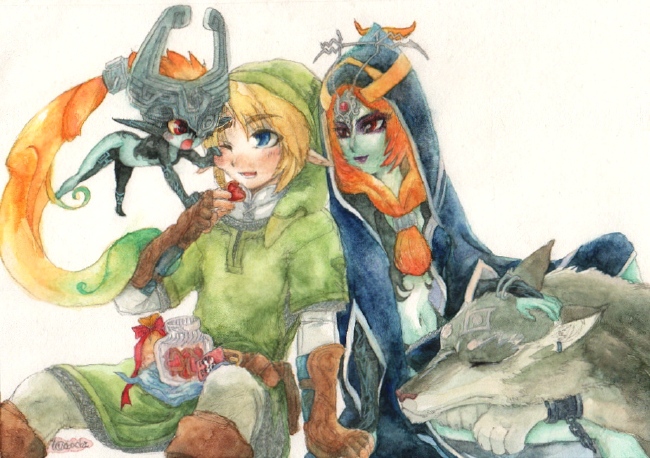 kobachi, link, midna, midna (true), wolf link, nintendo, the legend of zelda, the legend of zelda: twilight princess, bad id, bad pixiv id, spoilers, 1boy, 1girl, blue skin, candy, colored skin, dual persona, food, front ponytail, heart, helmet, hood, jar, long hair, open mouth, orange hair, pointy ears, red eyes, sketch, smile, time paradox, wolf