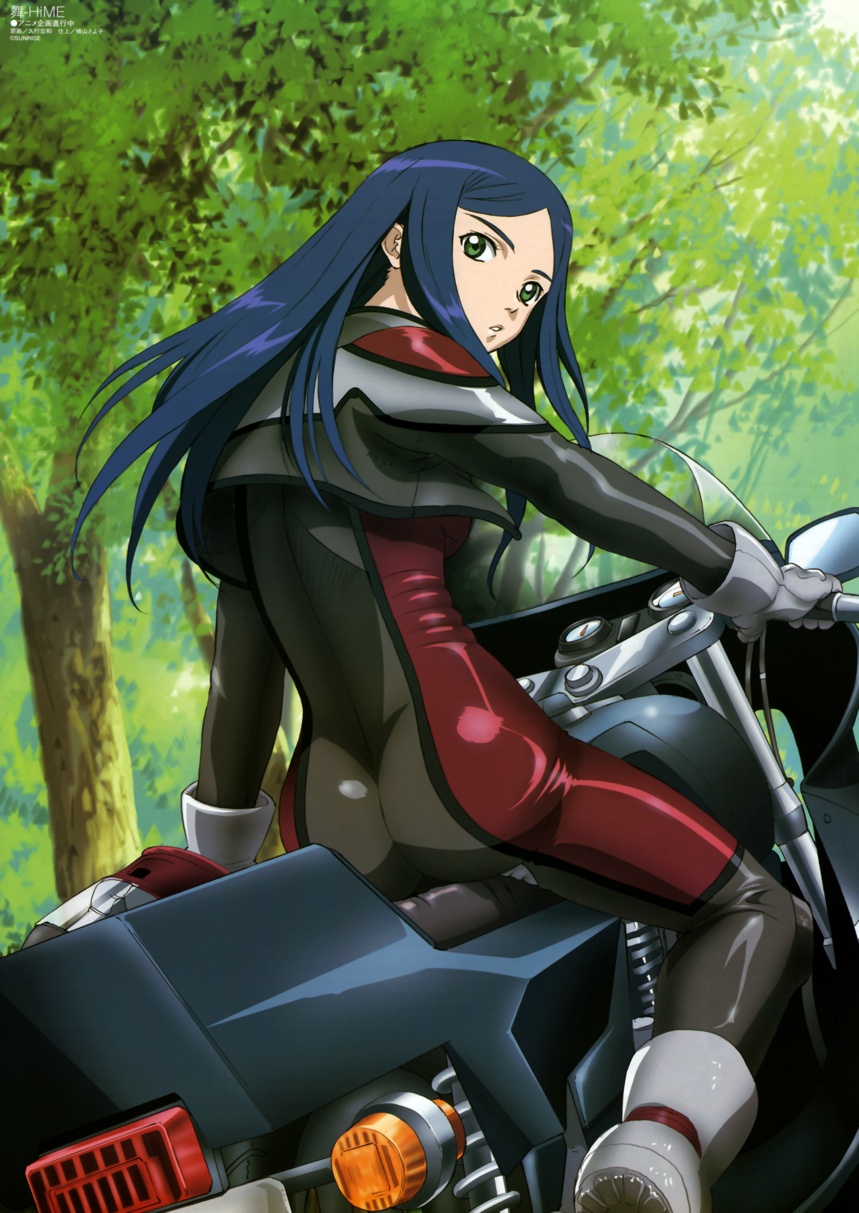 hisayuki hirokazu, kuga natsuki, megami magazine, my-hime, vehicle, visor, absurdres, highres, non-web source, official art, scan, 00s, 1girl, arm support, ass, biker clothes, bikesuit, blue hair, bodysuit, boots, crop top, cropped jacket, day, female focus, from behind, gloves, green eyes, grey boots, grey gloves, head tilt, helmet, jacket, long hair, looking at viewer, looking back, motor vehicle, motorcycle, motorcycle helmet, open clothes, open jacket, open mouth, outdoors, parted bangs, parted lips, riding, shiny clothes, sidelocks, skin tight, solo, straddling, swept bangs, tree, unworn headwear, unworn helmet