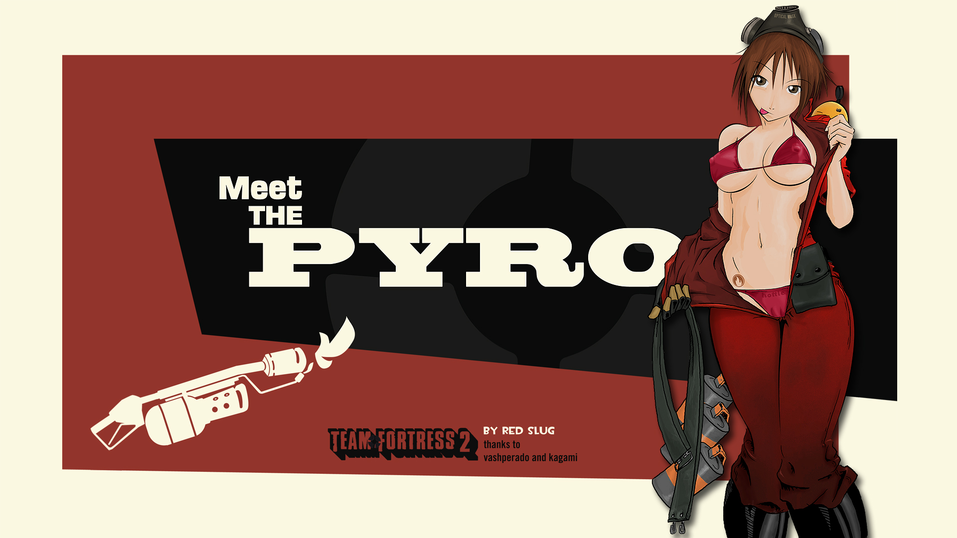 pyro, pyro (tf2), team fortress 2, highres, 1girl, bodysuit, bra, disguise, explosive, female focus, flamethrower, gas mask, grenade, grenades, lingerie, mask, panties, red slug, solo, tattoo, tongue, traced, underwear, undressing, weapon