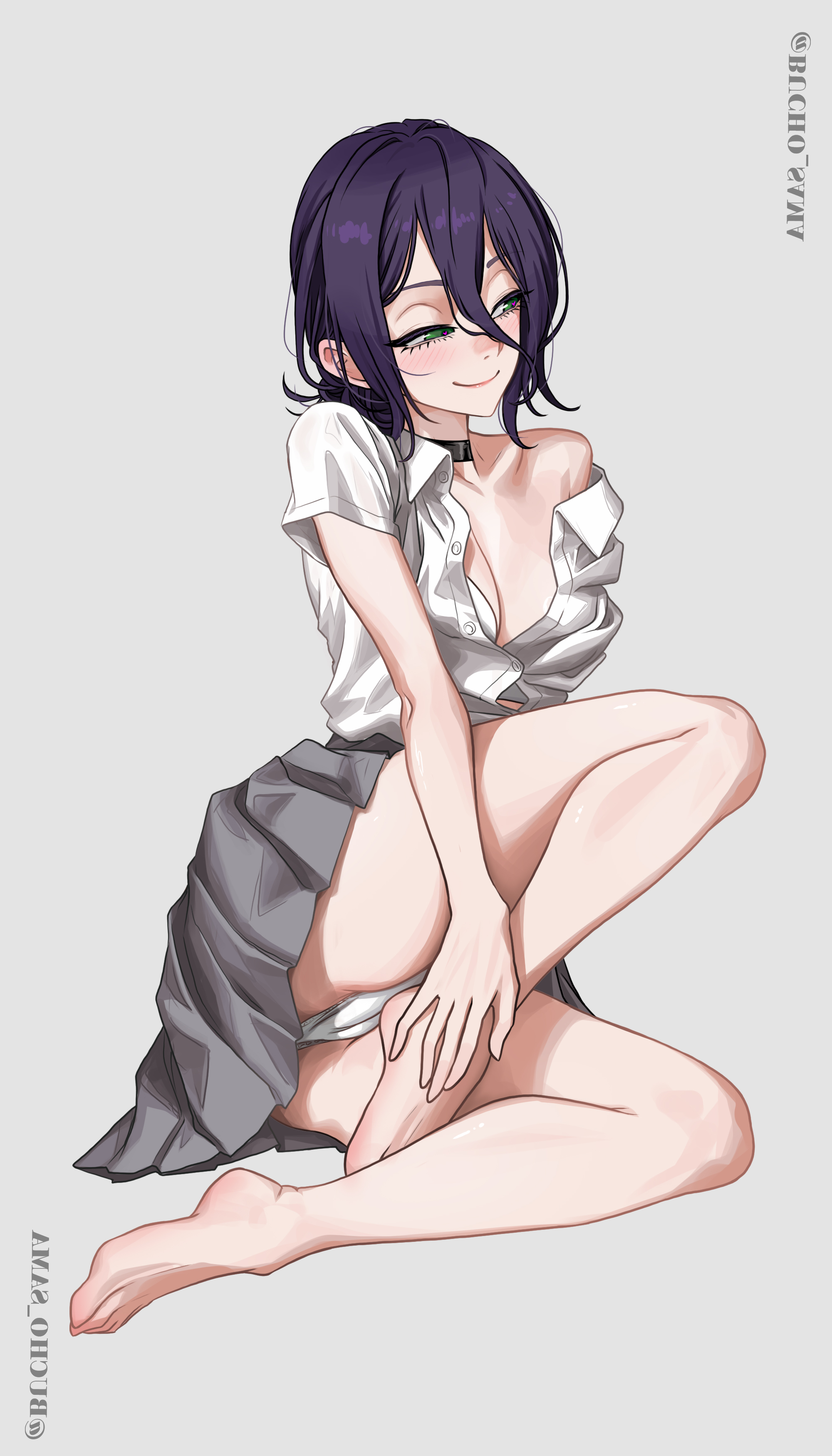 bucho sama, reze (chainsaw man), chainsaw man, absurdres, highres, 1girl, ass, black choker, breasts, choker, closed mouth, feet, green eyes, grey skirt, half-closed eyes, medium breasts, panties, partially unbuttoned, pleated skirt, purple hair, shirt, skirt, smile, solo, underwear, white panties, white shirt