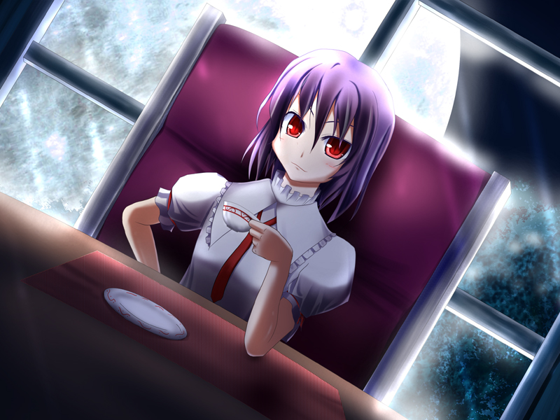 masa (miyabitei), miyabitei, remilia scarlet, touhou, 1girl, blue hair, cup, female focus, indoors, red eyes, sitting, solo