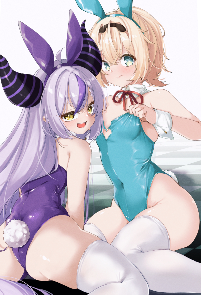 berosu, kazama iroha, la+ darknesss, hololive, 2girls, ahoge, animal ear hairband, animal ears, aqua eyes, black horns, blonde hair, blush, bow, bowtie, braid, braided bangs, breasts, covered navel, demon girl, demon horns, detached collar, fake animal ears, grey hair, hair between eyes, hairband, horns, huge horns, leotard, long hair, looking at viewer, multicolored hair, multiple girls, open mouth, playboy bunny, pointy ears, ponytail, purple hair, purple horns, rabbit ears, rabbit tail, smile, strapless, strapless leotard, streaked hair, striped horns, tail, thighhighs, very long hair, virtual youtuber, white thighhighs, wrist cuffs, yellow eyes
