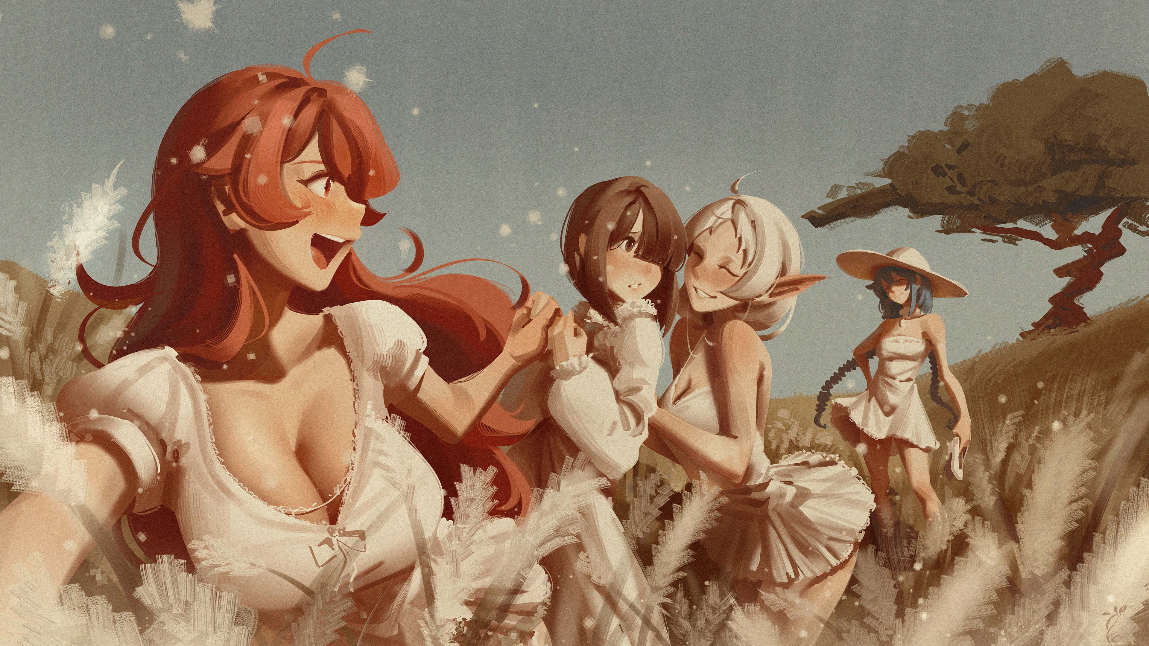 sushoartworks, eris greyrat, roxy migurdia, shierra (mushoku tensei), sylphiette (mushoku tensei), mushoku tensei, absurdres, commentary, english commentary, highres, 4girls, ahoge, blue eyes, blue hair, blush, braid, breasts, brown eyes, brown hair, closed eyes, day, dress, elf, grey hair, grin, hair over one eye, hat, holding, holding shoes, holding unworn clothes, large breasts, long hair, long pointy ears, long sleeves, looking at another, looking back, low twin braids, medium breasts, multiple girls, one eye covered, open mouth, outdoors, parted lips, pointy ears, puffy long sleeves, puffy short sleeves, puffy sleeves, red eyes, red hair, shoes, short sleeves, sleeveless, sleeveless dress, smile, sun hat, sundress, tree, twin braids, unworn shoes, very long hair, wheat field, white dress, white hat, white shoes