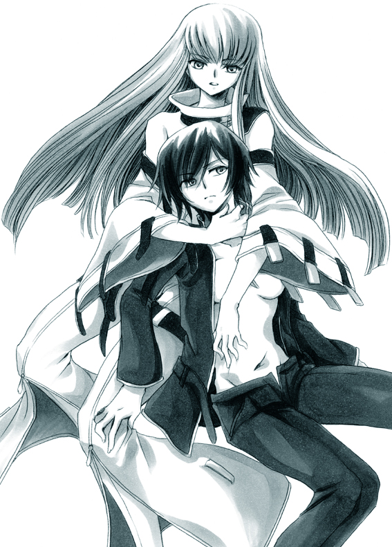 skymoon, yatengetsu, c.c., luluko, code geass, bad id, bad pixiv id, 00s, 2girls, aqua theme, blue theme, breasts, couple, genderswap, genderswap (mtf), holding, hug, hug from behind, medium breasts, monochrome, multiple girls, open clothes, open shirt, ruruko, shirt