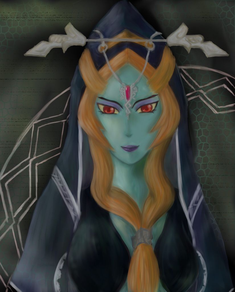 morimotto, violet cherry, midna, midna (true), nintendo, the legend of zelda, the legend of zelda: twilight princess, spoilers, 1girl, blue skin, cloak, colored skin, faux traditional media, female focus, front ponytail, headdress, hood, lipstick, makeup, orange hair, red eyes, sketch, smile, solo