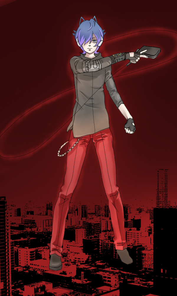 mo do, protagonist (devil survivor), devil survivor (series), devil survivor 1, bad id, bad pixiv id, 1boy, blue hair, chain, city, fingerless gloves, gloves, handheld game console, headphones, male focus, nintendo ds, pants, short hair, solo