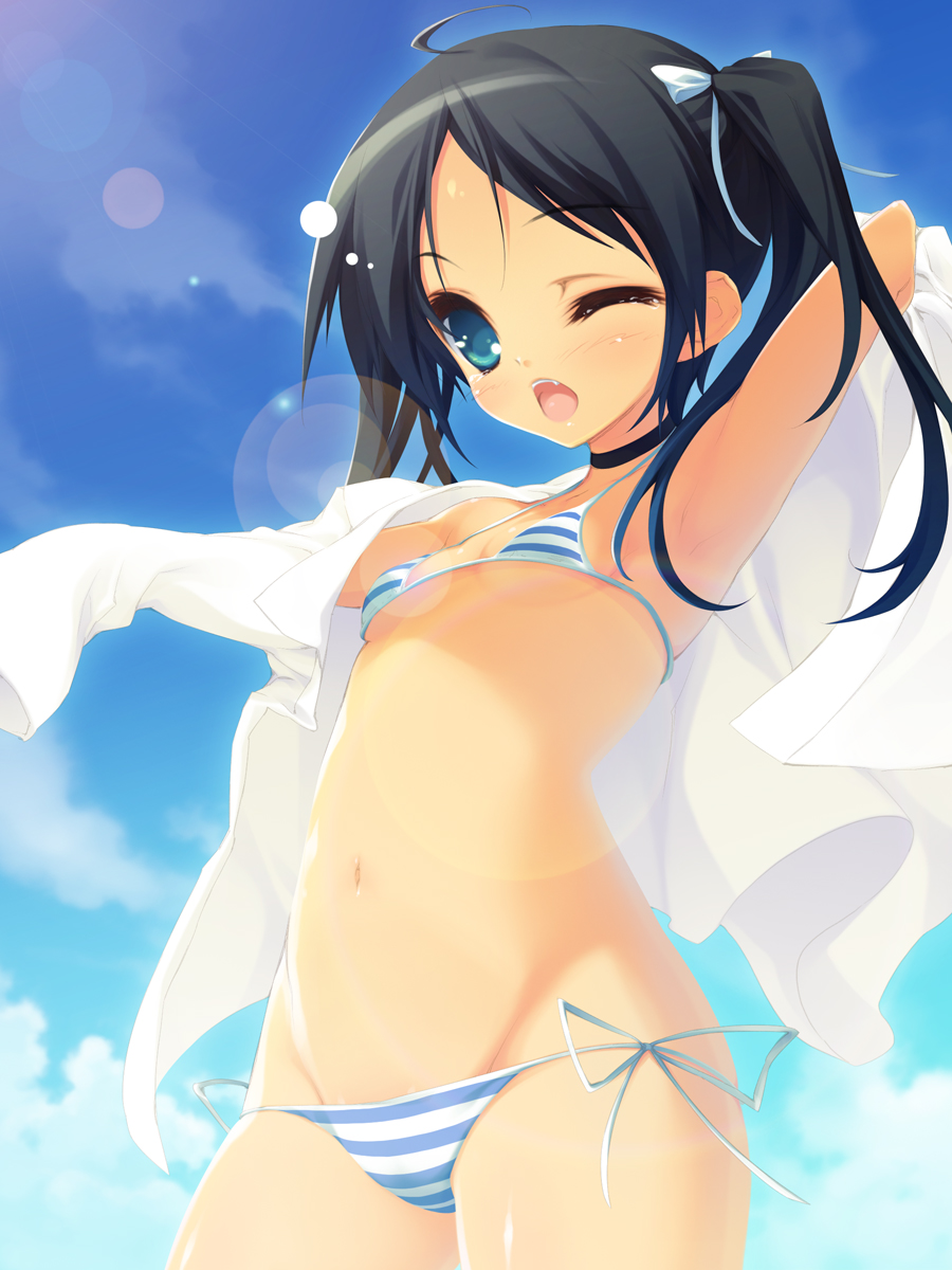 show (rinnetenshow), francesca lucchini, strike witches, world witches series, bad id, bad pixiv id, highres, 00s, 1girl, armpits, bikini, black hair, day, female focus, flat chest, green eyes, lowleg, lowleg bikini, one eye closed, panties, side-tie bikini bottom, solo, string bikini, striped bikini, striped clothes, striped panties, swimsuit, twintails, underwear, wink