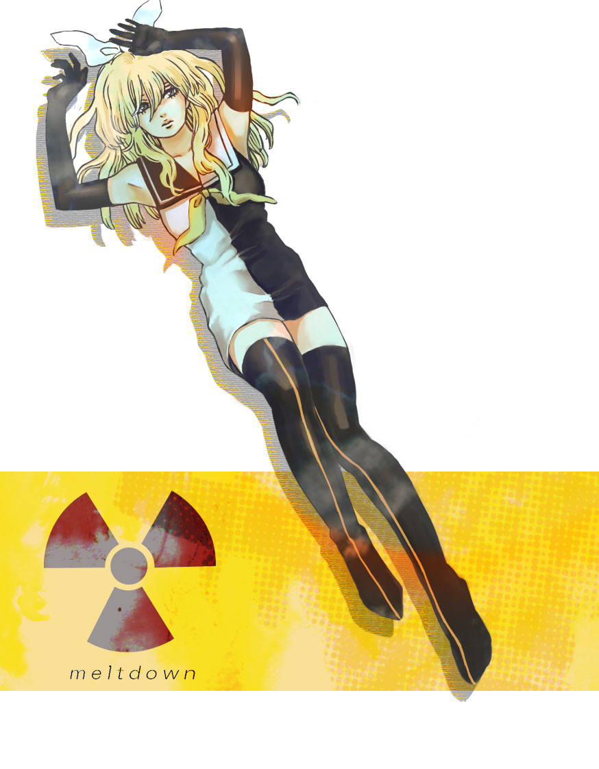 mo do, kagamine rin, kagamine rin (roshin yuukai), meltdown, roshin yuukai (vocaloid), vocaloid, bad id, bad pixiv id, black thighhighs, blonde hair, boots, bow, dress, elbow gloves, gloves, hair bow, lying, radiation symbol, radioactive, sailor dress, short dress, solo, thigh boots, thighhighs