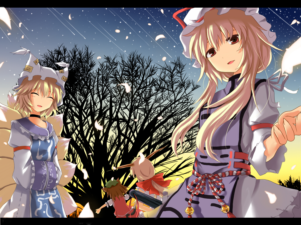 nejime, chen, ibuki suika, yakumo ran, yakumo yukari, touhou, bad id, bad pixiv id, 4girls, :d, ^ ^, animal hat, bare tree, blush, closed eyes, female focus, hands in opposite sleeves, hat, long hair, long sleeves, looking at viewer, mob cap, morning, multiple girls, night, night sky, open mouth, outdoors, plant, short hair, sidelocks, sky, smile, sunlight, sunrise, tabard, tassel, tree, wide sleeves
