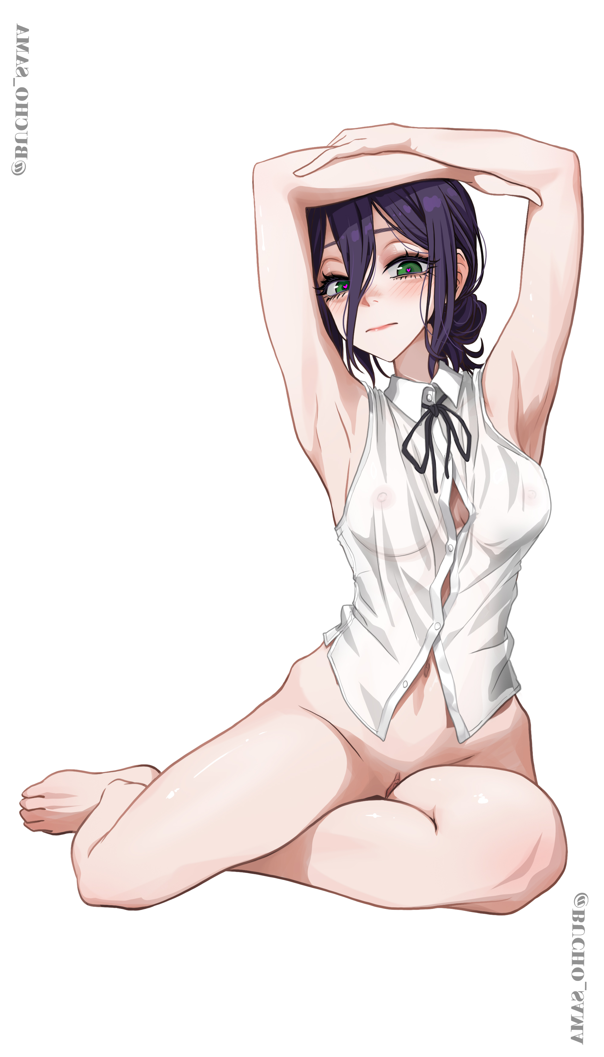 bucho sama, reze (chainsaw man), chainsaw man, absurdres, highres, 1girl, armpits, arms up, black ribbon, bottomless, breasts, closed mouth, covered erect nipples, feet, green eyes, hair between eyes, hair bun, medium breasts, navel, neck ribbon, purple hair, pussy, pussy peek, red pupils, ribbon, shirt, simple background, sleeveless, sleeveless shirt, solo, white background, white shirt