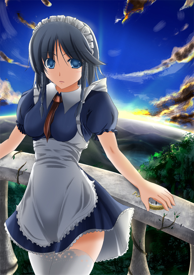 masa (miyabitei), miyabitei, izayoi sakuya, touhou, silver hair, 1girl, blue eyes, day, female focus, hairband, maid, maid headdress, pocket watch, sky, solo, thighhighs, watch, zettai ryouiki