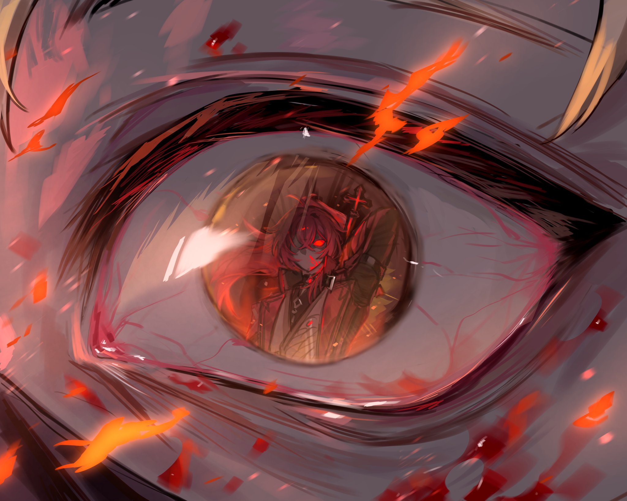 zehuij, diluc (genshin impact), genshin impact, character request, commentary request, highres, 1boy, eye focus, eye reflection, hair between eyes, high ponytail, long hair, long sleeves, male focus, no mouth, ponytail, red eyes, red hair, reflection, upper body