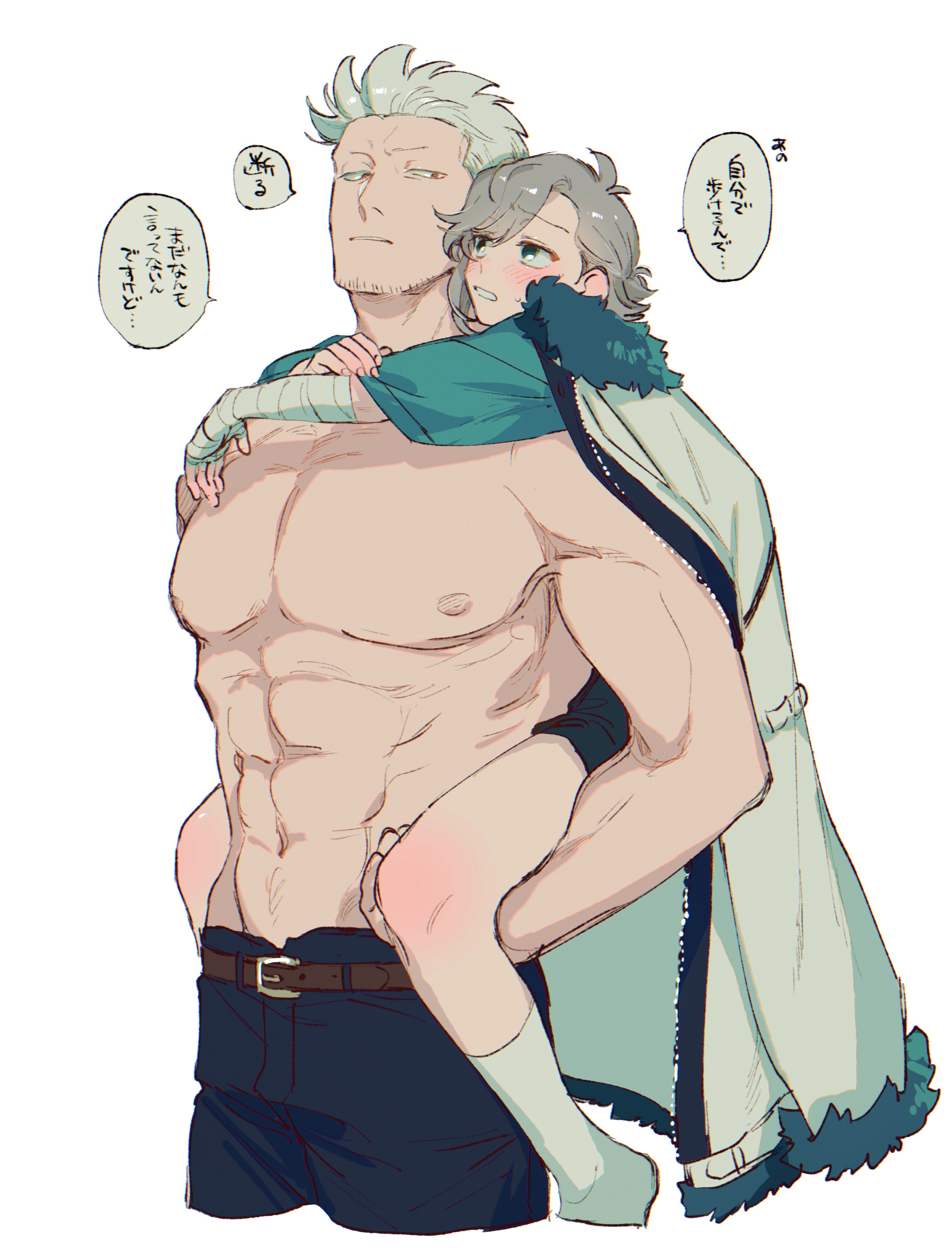 kabane (rjev8385), smoker (one piece), one piece, original, absurdres, commentary request, highres, translation request, 1boy, 1girl, abs, antenna hair, arms around neck, asymmetrical bangs, bandaged wrist, bandages, belt, black pants, black shorts, blush, borrowed clothes, brown belt, brown eyes, carrying, couple, cropped legs, eye contact, fur-trimmed jacket, fur trim, grey hair, groin, hetero, jacket, jacket on shoulders, long sleeves, looking at another, muscular, muscular male, nipples, no shoes, oc x canon, pants, parted lips, pectorals, piggyback, short hair, shorts, simple background, small sweatdrop, socks, speech bubble, swept bangs, topless male, white background, white hair, white jacket, white socks, zipper