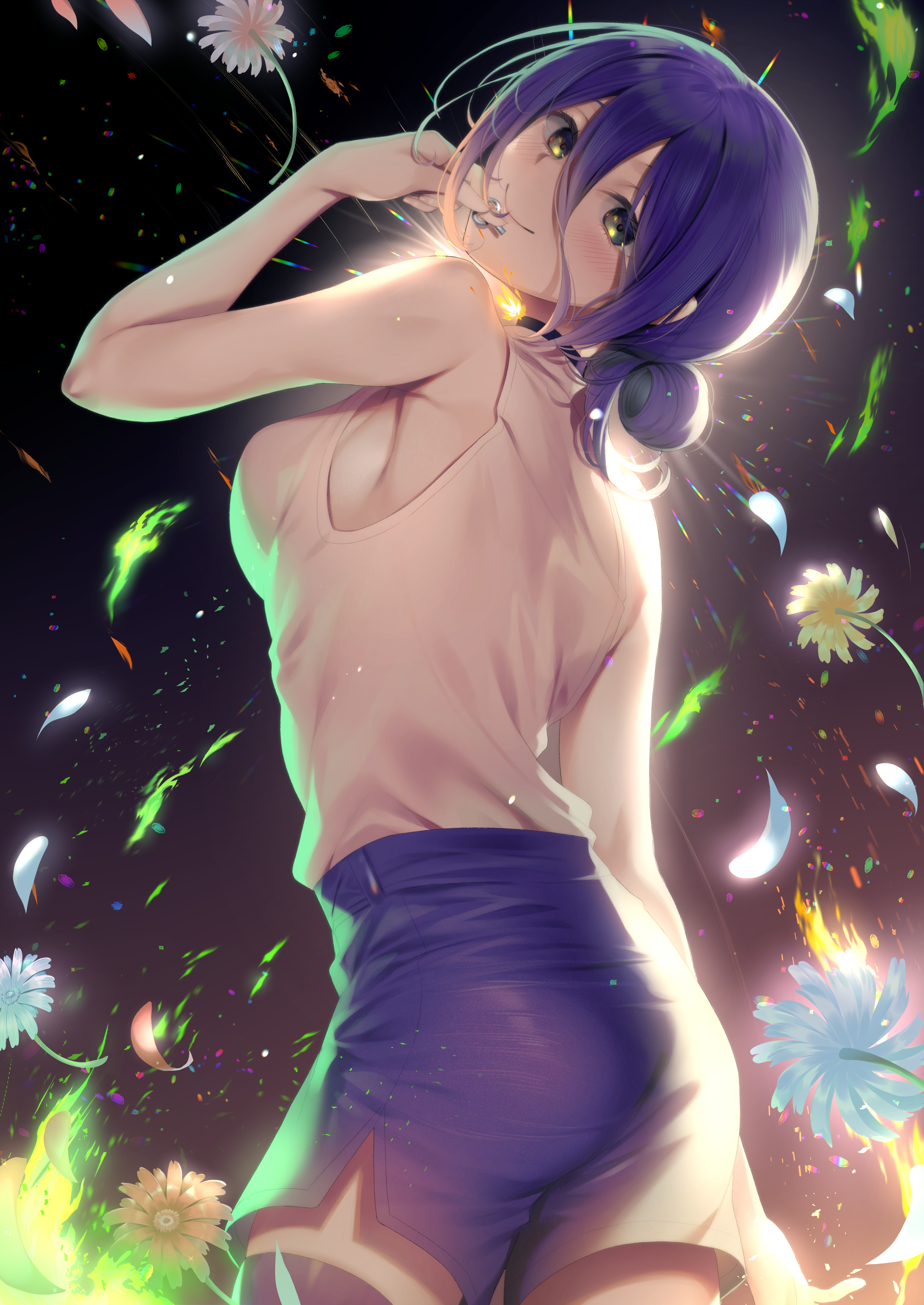 seppukuginjiro, reze (chainsaw man), chainsaw man, absurdres, highres, 1girl, black choker, black thighhighs, breasts, choker, closed mouth, collared shirt, flower, green eyes, grenade pin, hair between eyes, imminent explosion, looking at viewer, medium breasts, purple hair, purple shorts, shirt, shorts, sleeveless, sleeveless shirt, smile, solo, sparks, thighhighs, white flower, white shirt