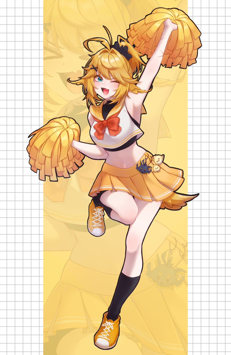 kuraedo, doki amber doge (dokibird), dokibird, dragoon (dokibird), indie virtual youtuber, :d, ahoge, black socks, blonde hair, blue eyes, bow, bowtie, cheerleader, cropped shirt, fang, full body, medium hair, midriff, one eye closed, open mouth, pleated skirt, pom pom (cheerleading), ponytail, red bow, red bowtie, school uniform, serafuku, shoes, skin fang, skirt, smile, socks, standing, standing on one leg, tail, two-tone background, virtual youtuber, white background, yellow background, yellow serafuku, yellow shoes