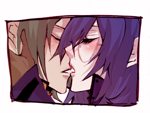 kitchen (artist), yoshino kichiko, hallelujah haptism, tieria erde, gundam, gundam 00, bad id, 00s, 2boys, brown hair, closed eyes, glasses, kiss, male focus, multiple boys, purple hair, red eyes, yaoi
