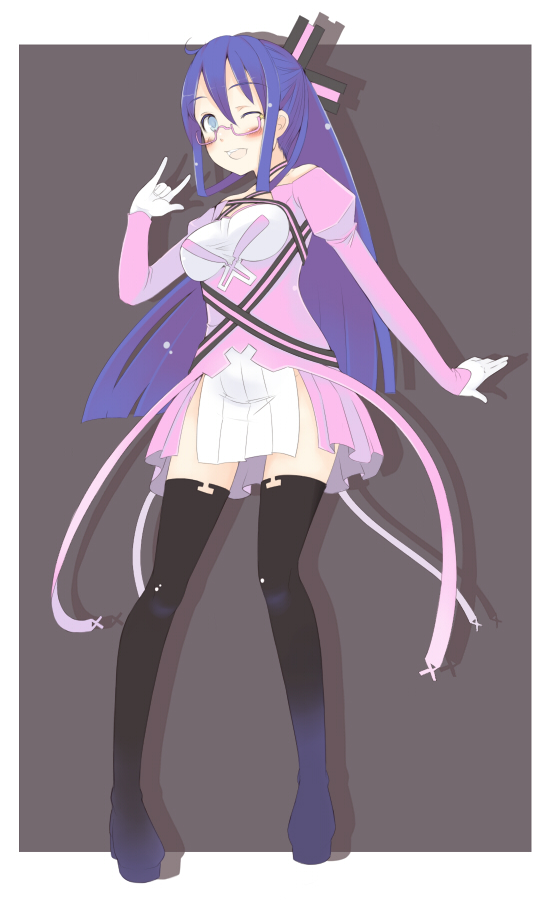 nakamura hashi, oza watto, komaki midori, devil survivor (series), devil survivor 1, black thighhighs, blue eyes, blue hair, boots, bow, dress, glasses, gloves, hair bow, hair ornament, legs, long hair, m/, miniskirt, one eye closed, purple hair, ribbon, short dress, simple background, skirt, smile, solo, thigh boots, thighhighs, wink
