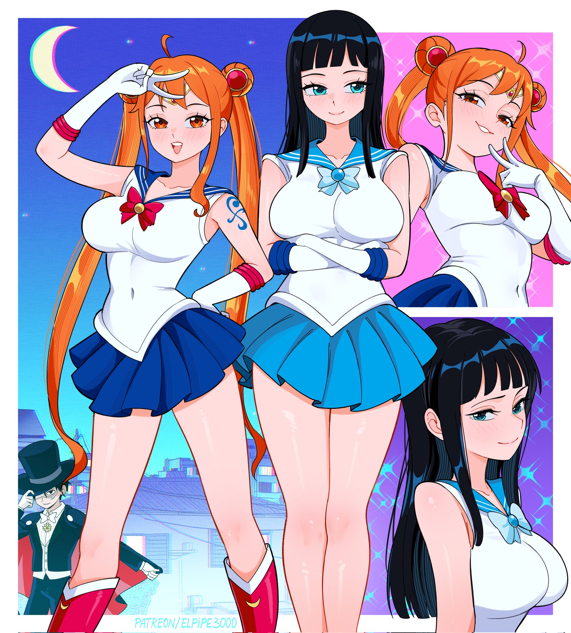 elpipe 3000, monkey d. luffy, nami (one piece), nico robin, sailor mercury, sailor moon, tuxedo kamen, bishoujo senshi sailor moon, one piece, highres, 1boy, 2girls, black hair, blue eyes, blue ribbon, blue sailor collar, breasts, cosplay, moon, multiple girls, orange hair, red eyes, red ribbon, ribbon, sailor collar, sailor mercury (cosplay), sailor moon (cosplay), sailor senshi uniform, smile, tuxedo, tuxedo kamen (cosplay)