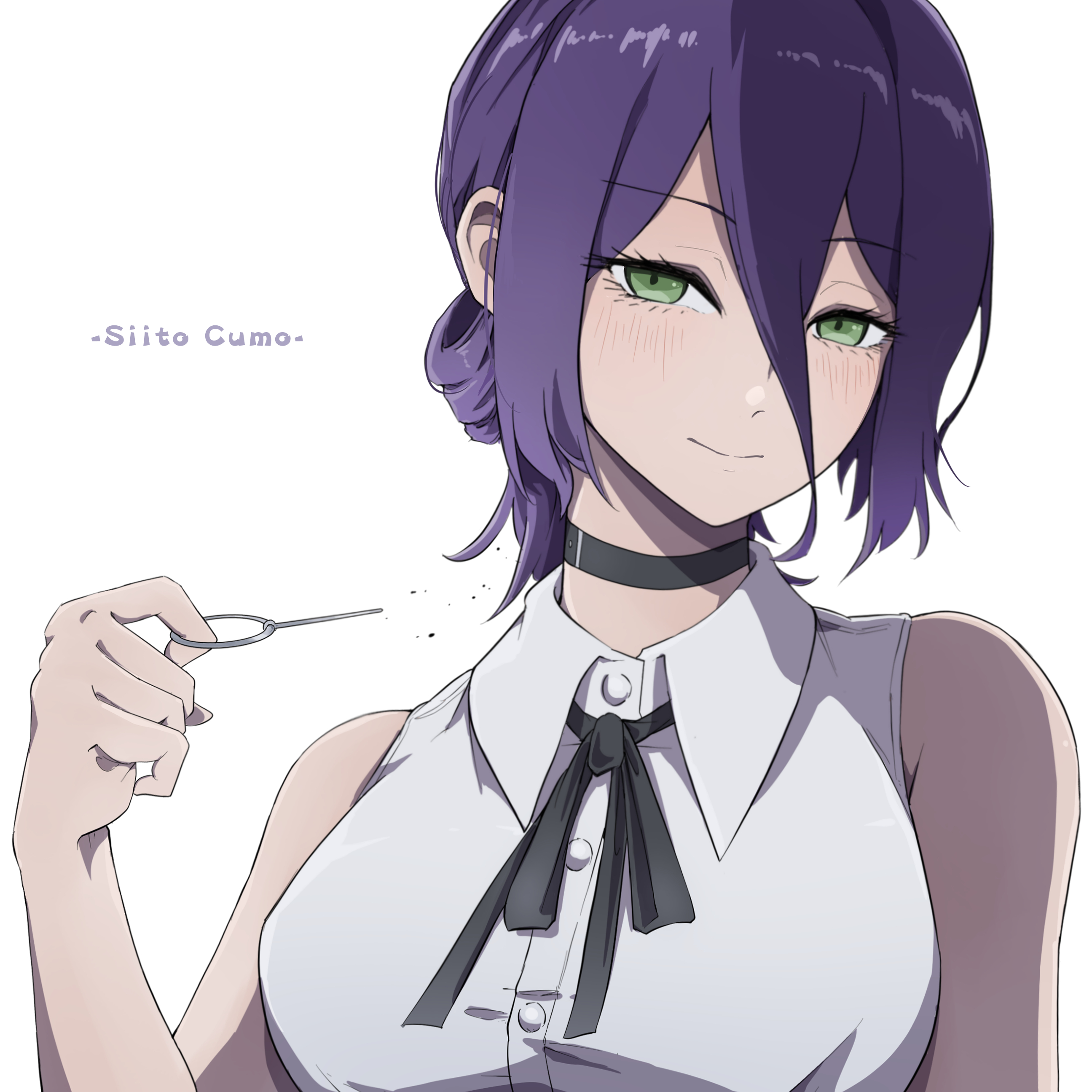 siito cumo, reze (chainsaw man), chainsaw man, absurdres, highres, 1girl, artist name, black choker, black ribbon, choker, closed mouth, collared shirt, green eyes, grenade pin, hair between eyes, hair bun, looking at viewer, neck ribbon, purple hair, ribbon, shirt, simple background, sleeveless, sleeveless shirt, solo, white background, white shirt