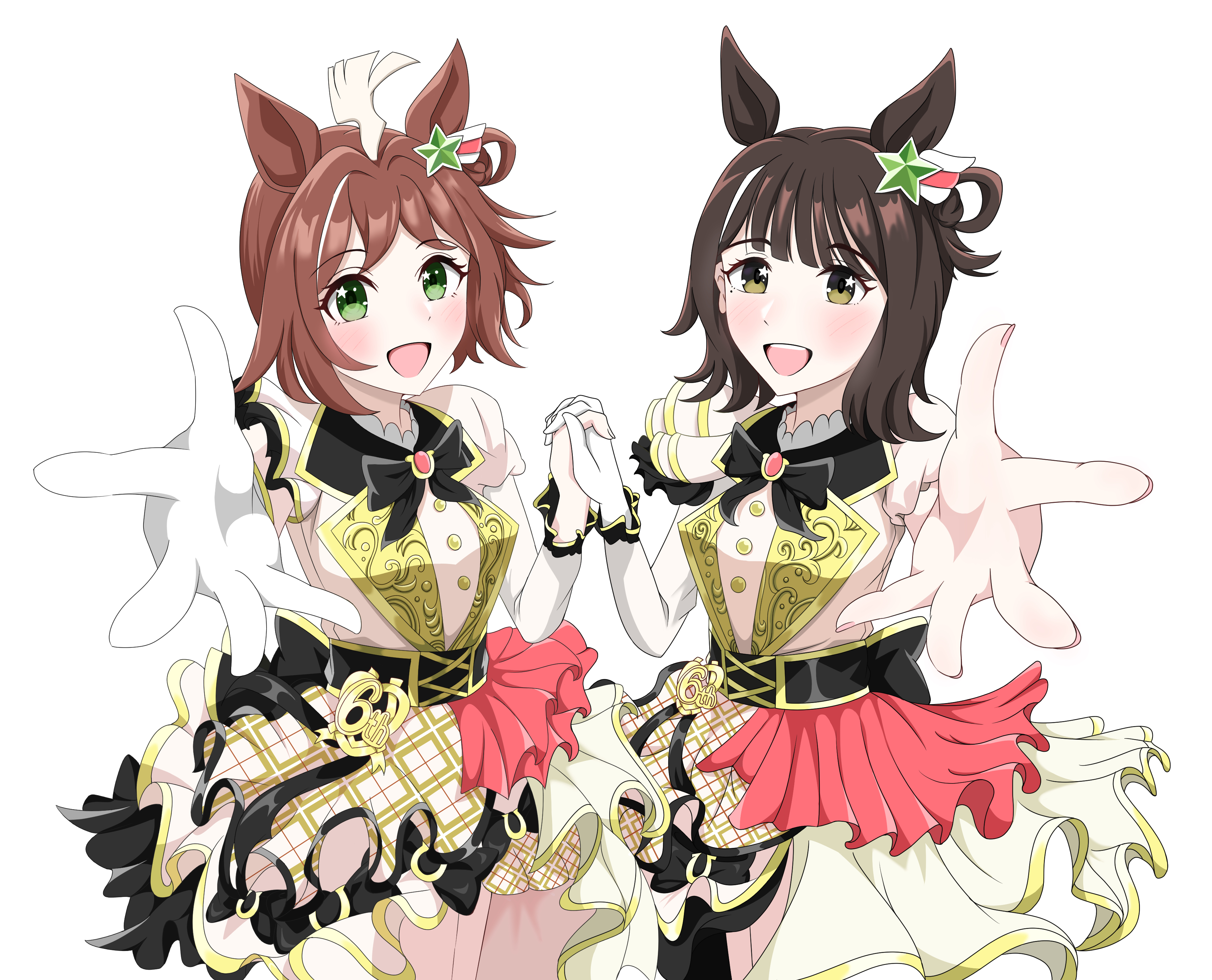 abyss kpn (ki), rhein kraft (umamusume), real life, umamusume, absurdres, highres, 2girls, ahoge, animal ears, blush, breasts, brown eyes, brown hair, gloves, green eyes, hair between eyes, hair ornament, holding hands, horse girl, kojima nanae, medium breasts, medium hair, multiple girls, open mouth, reaching, reaching towards viewer, simple background, star (symbol), star hair ornament, voice actor, white background