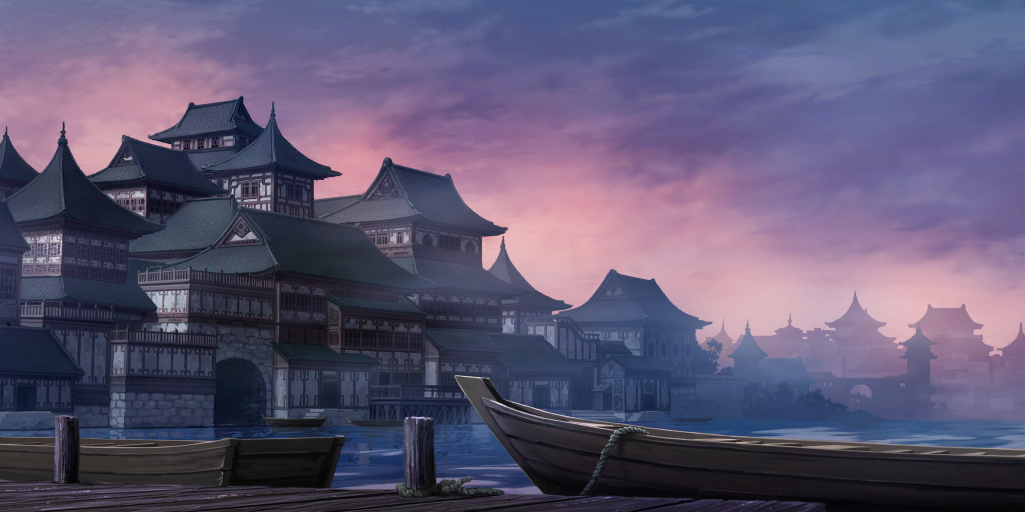 touhou, touhou lostword, game cg, highres, official art, third-party source, arch, architecture, boat, building, east asian architecture, no humans, outdoors, pier, purple sky, rope, scenery, sky, tunnel, twilight, water, watercraft
