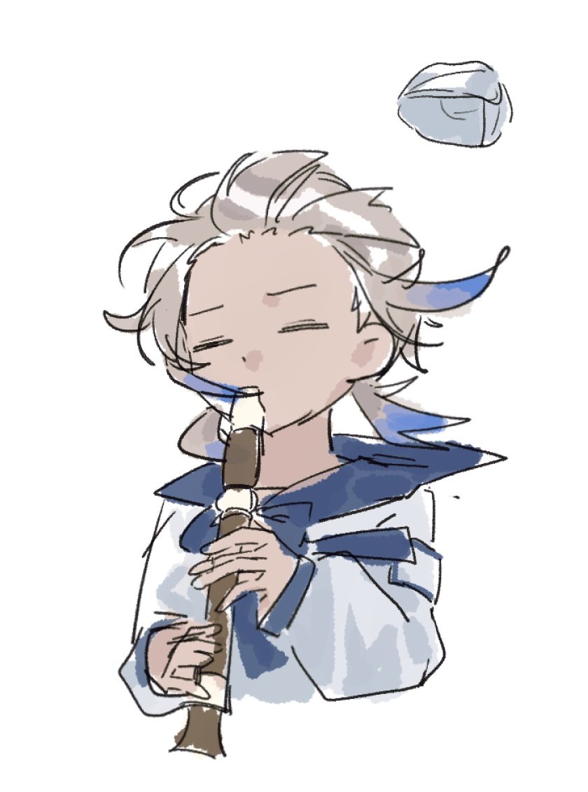 marine nemo (fate), nemo (fate), fate/grand order, fate (series), kyoufuu all back (vocaloid), 1boy, = =, bangs blown up, blonde hair, blue bow, blue bowtie, blue hair, blue sailor collar, bow, bowtie, cropped torso, dark-skinned male, dark skin, floating hair, floating neckwear, flute, forehead, furrowed brow, gradient hair, grand pudding, hat, hat loss, holding, holding flute, holding instrument, instrument, long sleeves, low twintails, male focus, multicolored hair, music, parody, playing flute, playing instrument, puffy long sleeves, puffy sleeves, recorder, sailor collar, sailor shirt, shirt, short hair, short twintails, simple background, sketch, solo, trap, twintails, two-handed, two-tone hair, white background, white hat, white shirt, wind, wind lift