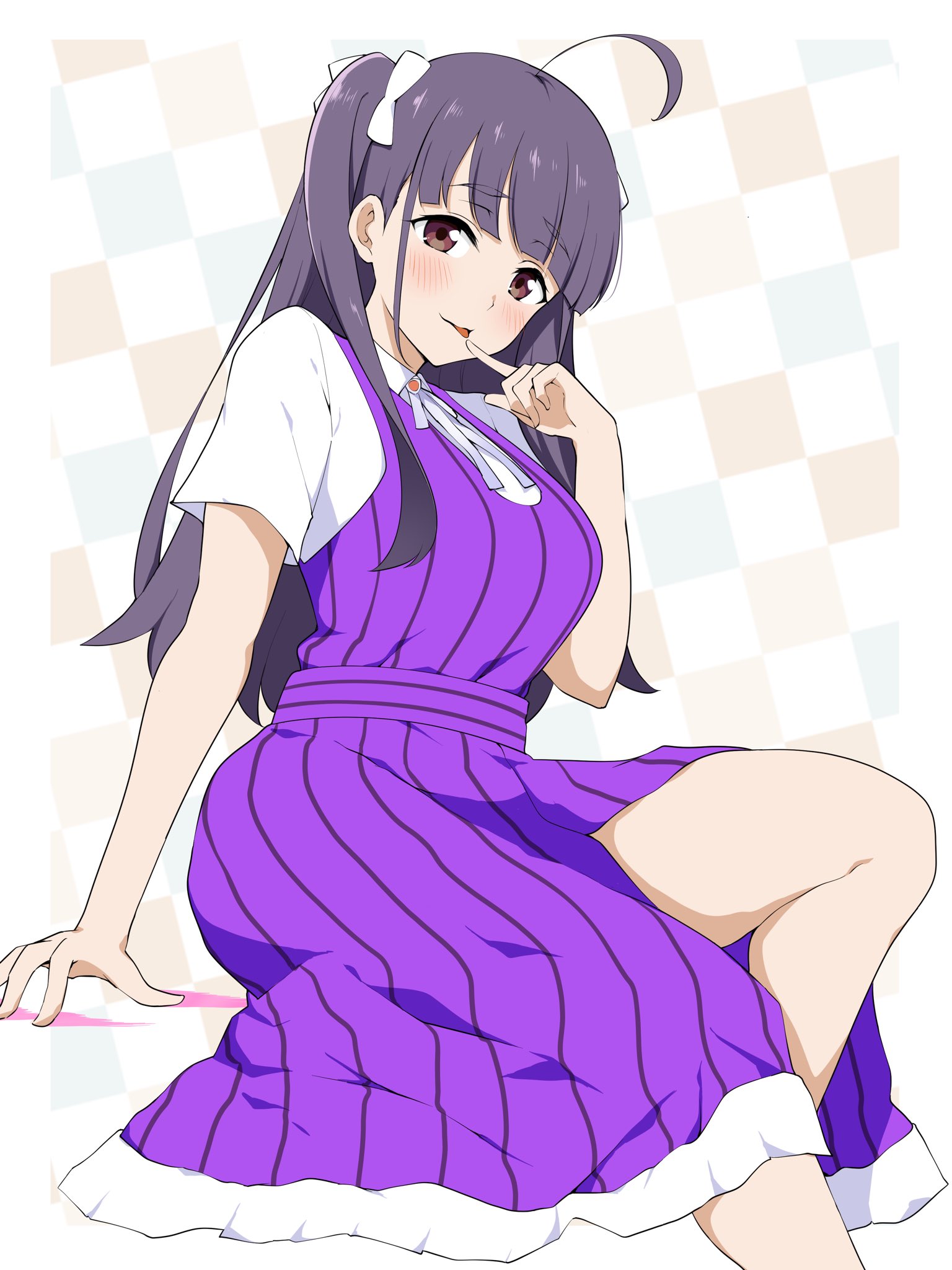 barkhorn0331, chofu noriko, ikizulive! love live! bluebird, love live!, commentary, highres, 1girl, :p, ahoge, blunt bangs, bolo tie, border, bow, breasts, checkered background, collared shirt, dress, finger to mouth, finger to tongue, hair bow, large breasts, leg up, long dress, long hair, looking at viewer, pinafore dress, pinstripe dress, pinstripe pattern, purple dress, purple hair, shirt, short sleeves, sidelocks, sleeveless, sleeveless dress, solo, thick thighs, thighs, tongue, tongue out, two side up, white border, white bow, white shirt