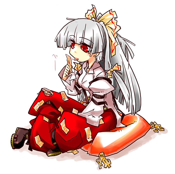 stroma, fujiwara no mokou, touhou, silver hair, 1girl, boots, female focus, full body, hair ribbon, licking, pillow, red eyes, ribbon, sitting, solo, tongue, white background