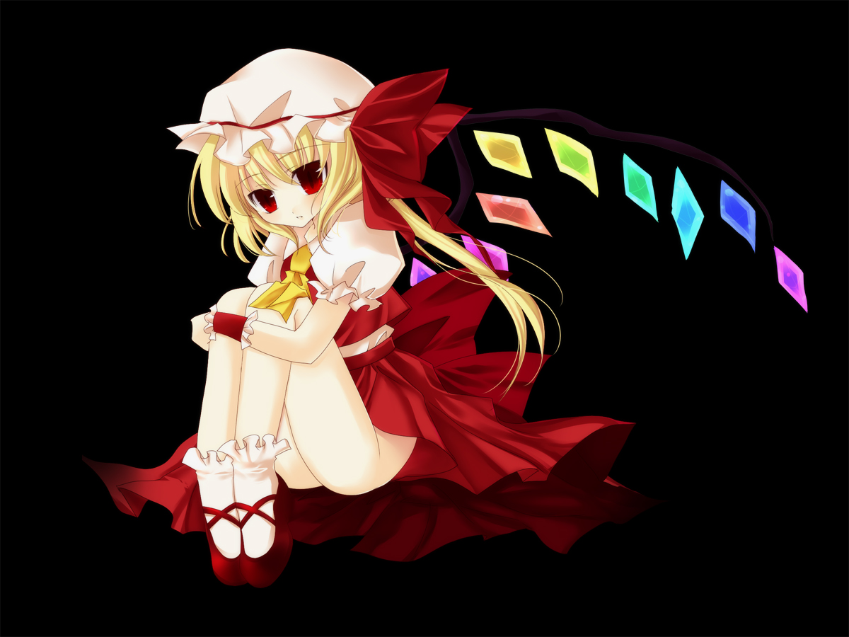 imari yuka, flandre scarlet, touhou, 1girl, black background, blonde hair, blouse, female focus, hat, mob cap, no panties, one side up, red eyes, red wrist cuffs, ribbon, shirt, side ponytail, solo, white hat, white shirt, wings, wrist cuffs