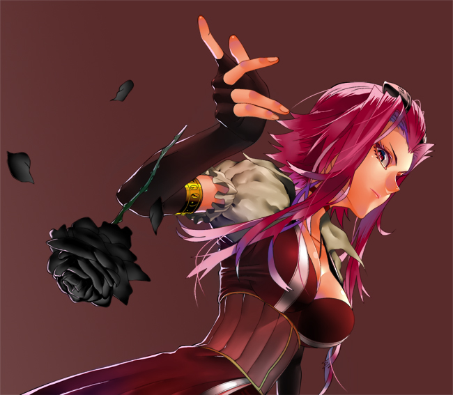 oomii (f.style), izayoi aki, yu-gi-oh!, yu-gi-oh! 5d's, 00s, 1girl, black flower, black rose, elbow gloves, fingerless gloves, flower, gloves, long hair, pink eyes, pink hair, rose, simple background