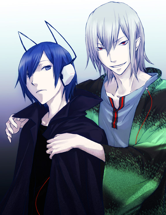 ito (pixiv), naoya (devil survivor), protagonist (devil survivor), devil survivor (series), devil survivor 1, silver hair, bad id, bad pixiv id, 2boys, blue eyes, blue hair, cloak, headphones, male focus, multiple boys, red eyes, short hair