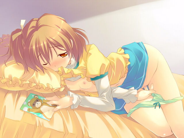 inase shin'ya, yamabuki inori, fresh precure!, precure, bad id, bad pixiv id, 00s, 1girl, bed, blush, bow, bow panties, brown hair, censored, clothed masturbation, clothes lift, female focus, female masturbation, fingering, flat chest, frilled pillow, frills, green panties, loli, lying, masturbation, mouth hold, navel, nipples, one eye closed, panties, panty pull, photo (object), pillow, pussy, shirt lift, short hair, side ponytail, solo, tanuki, underwear, wink