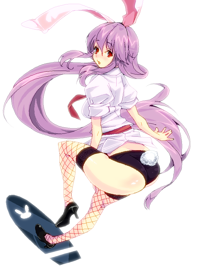 amami amayu, reisen udongein inaba, touhou, 1girl, animal ears, blush, female focus, fishnet thighhighs, fishnets, from behind, long hair, looking at viewer, looking back, necktie, oekaki, purple hair, rabbit ears, red eyes, red necktie, simple background, solo, tail, thighhighs, white background