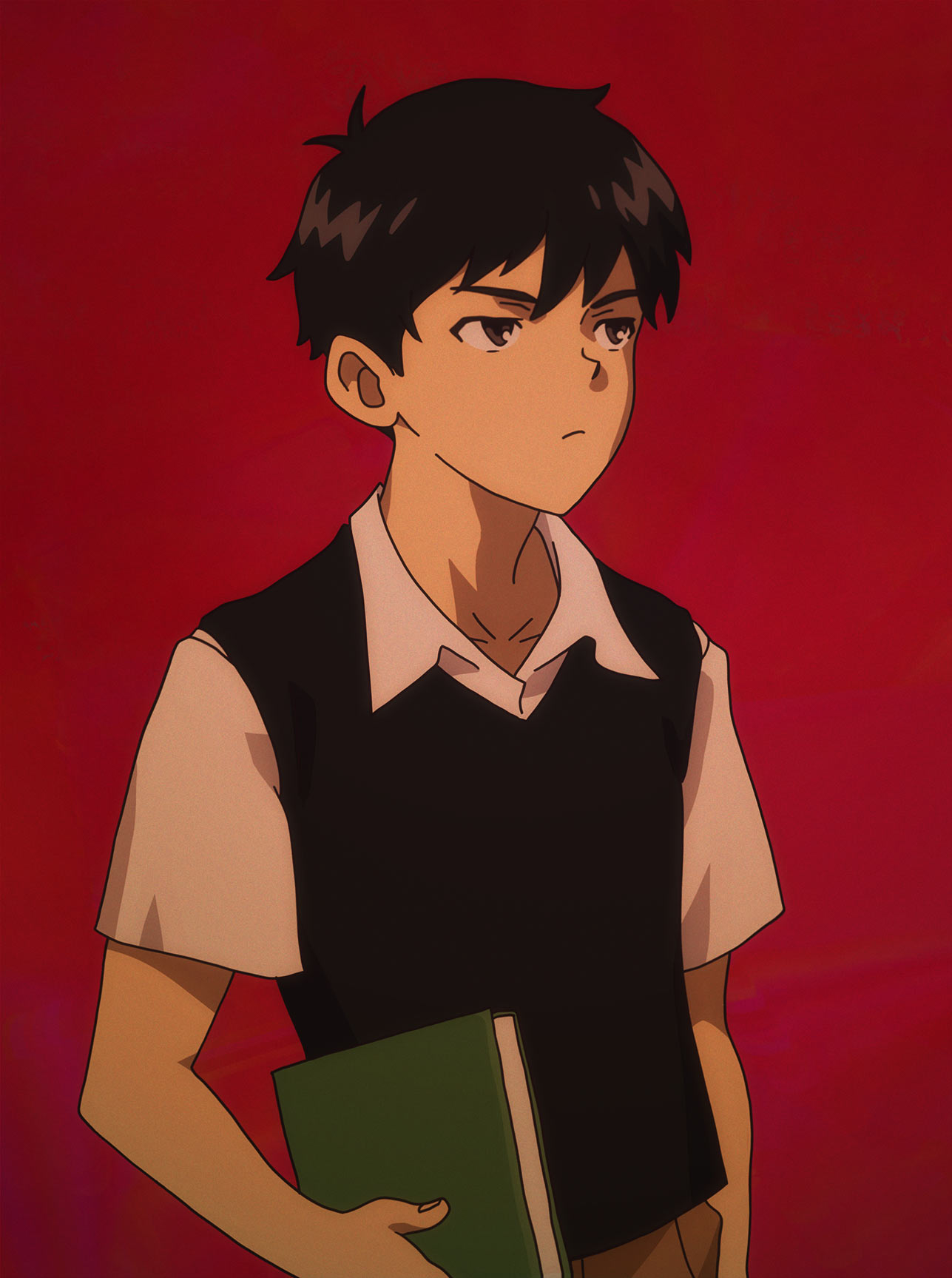 sapgoon, sunny (omori), neon genesis evangelion, omori, highres, 1boy, antenna hair, black eyes, black hair, black sweater vest, book, brown shorts, closed mouth, collarbone, collared shirt, holding, holding book, male focus, parody, red background, shirt, short hair, short sleeves, shorts, simple background, solo, style parody, sweater vest, upper body, white shirt