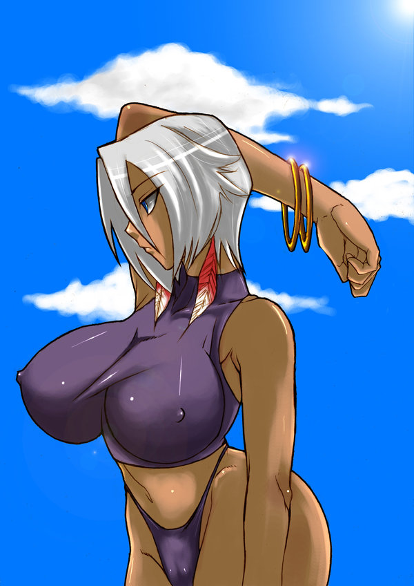 rhemora, 1girl, armpits, bikini, blue eyes, bracelet, breasts, cameltoe, cloud, cloudy sky, covered erect nipples, dark-skinned female, dark skin, earrings, eyes visible through hair, feather earrings, feathers, female focus, huge breasts, jewelry, skin tight, sky, solo, swimsuit, white hair