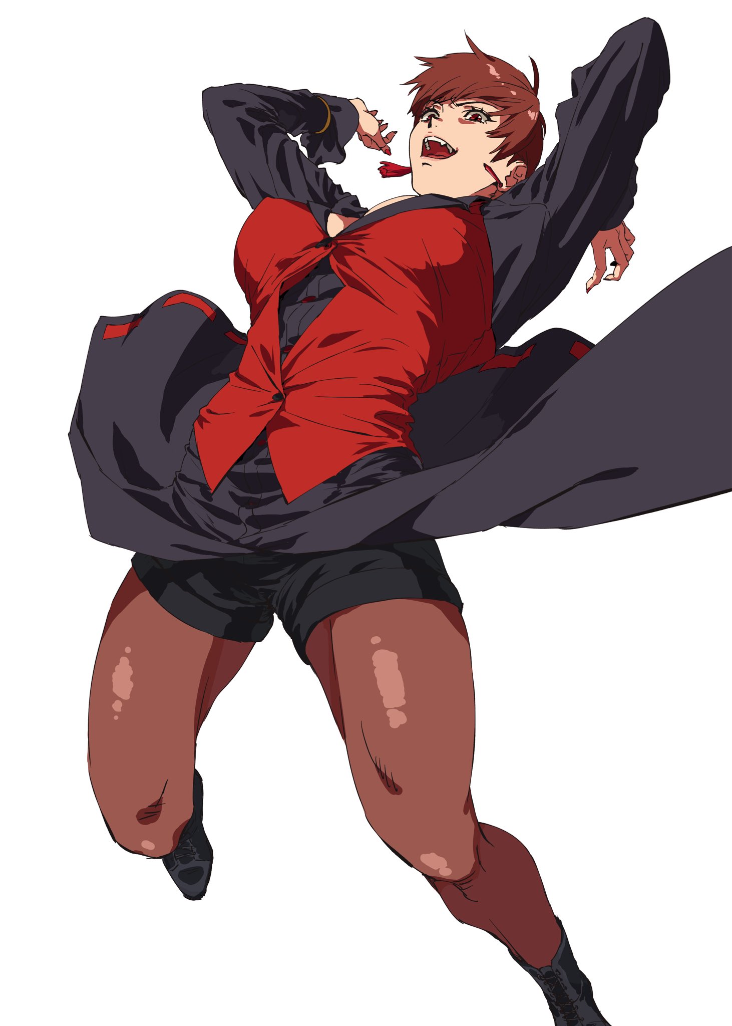 beniazumaru, vice (kof), the king of fighters, highres, 1girl, boots, breasts, brown hair, dress, earrings, jewelry, jumping, large breasts, open mouth, pantyhose, partially unbuttoned, red eyes, red nails, short hair, shorts, solo, white background