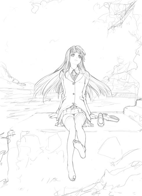 nakabayashi reimei, ouka nagisa, banpresto, super robot wars, super robot wars original generation, unfinished, feet, greyscale, lineart, monochrome, no shoes, sitting, skirt, solo, thighhighs, zettai ryouiki