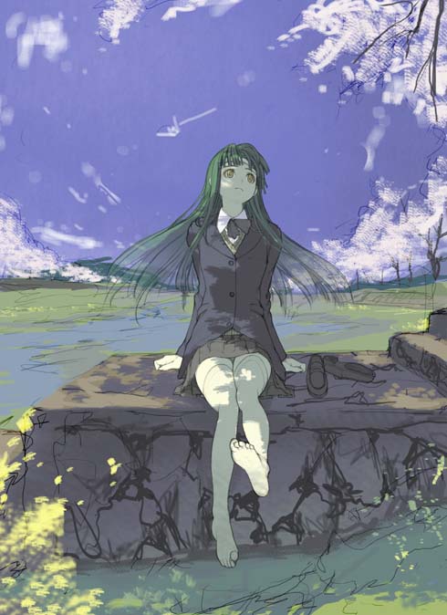 nakabayashi reimei, ouka nagisa, banpresto, super robot wars, super robot wars original generation, unfinished, barefoot, feet, green hair, no shoes, petals, sitting, skirt, soles, solo, thighhighs, yellow eyes, zettai ryouiki